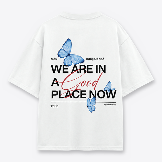 Polera MAORI Blanca Mariposas Celeste