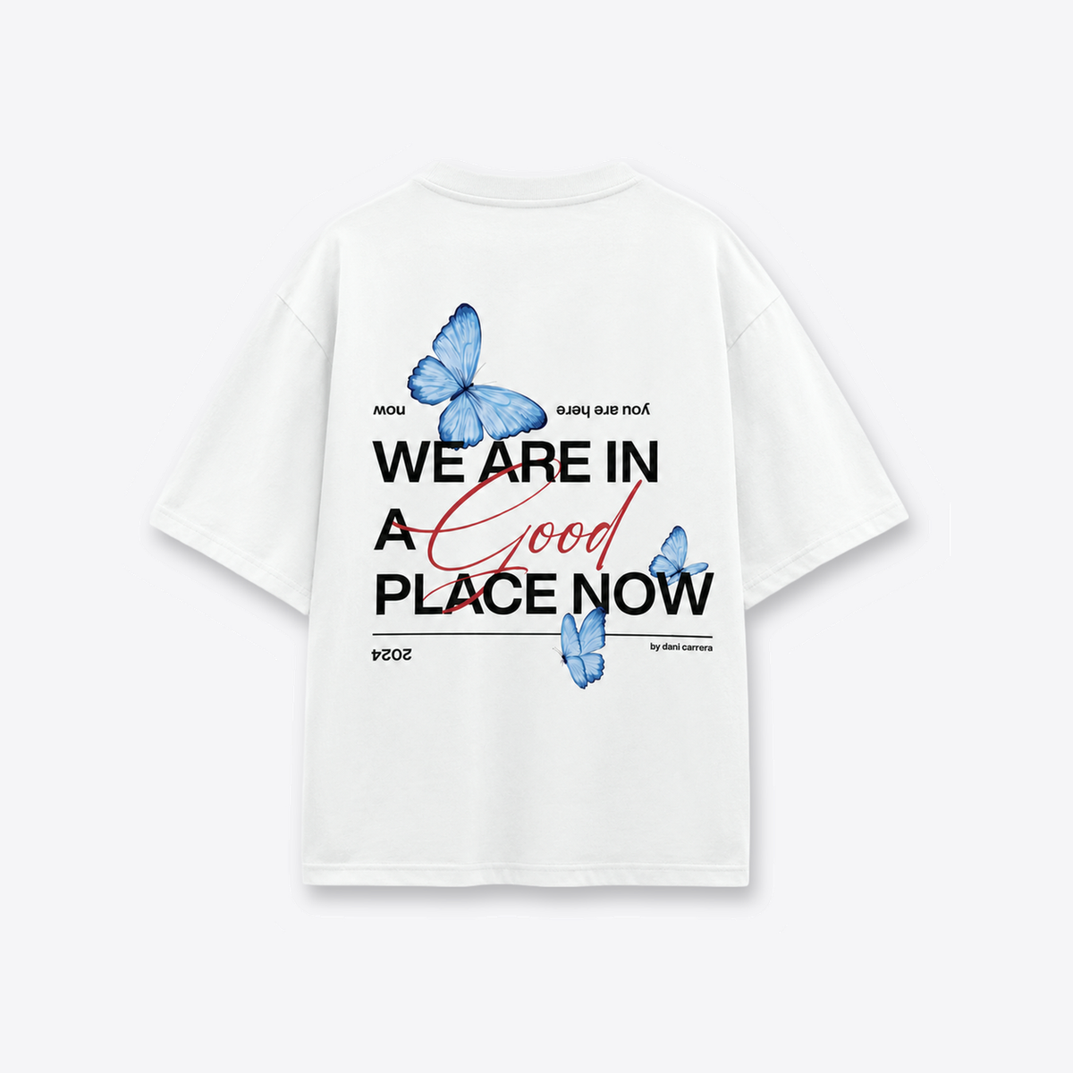 Polera MAORI Blanca Mariposas Celeste