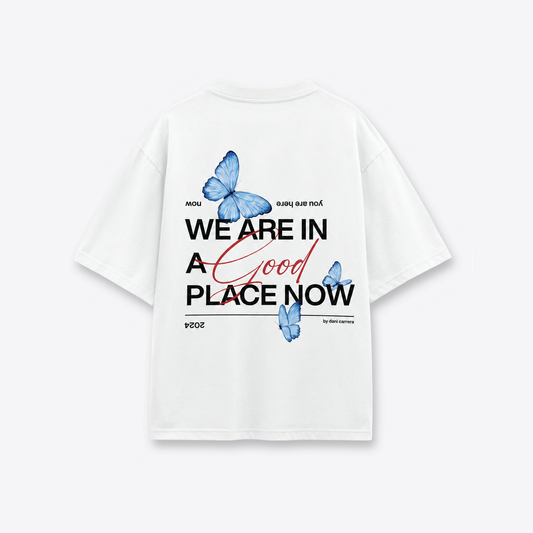 Polera MAORI Blanca Mariposas Celeste