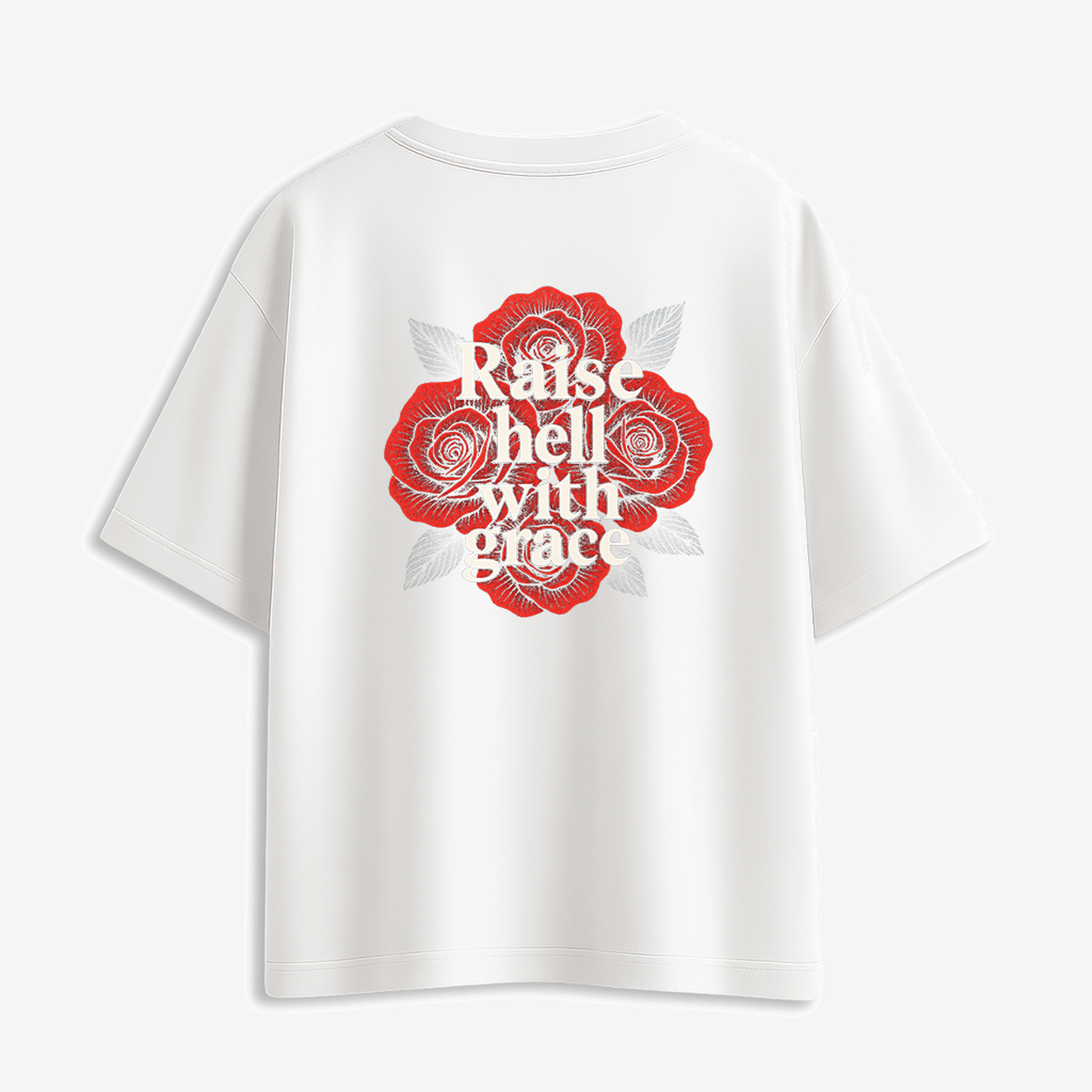 Polera Raise Hell White Edition vista espalda fondo gris claro